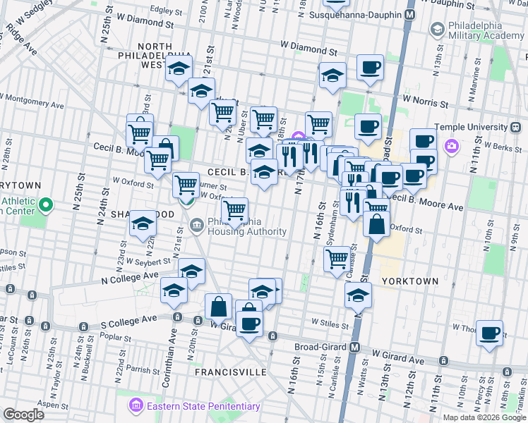 map of restaurants, bars, coffee shops, grocery stores, and more near 1534 North 18th Street in Philadelphia