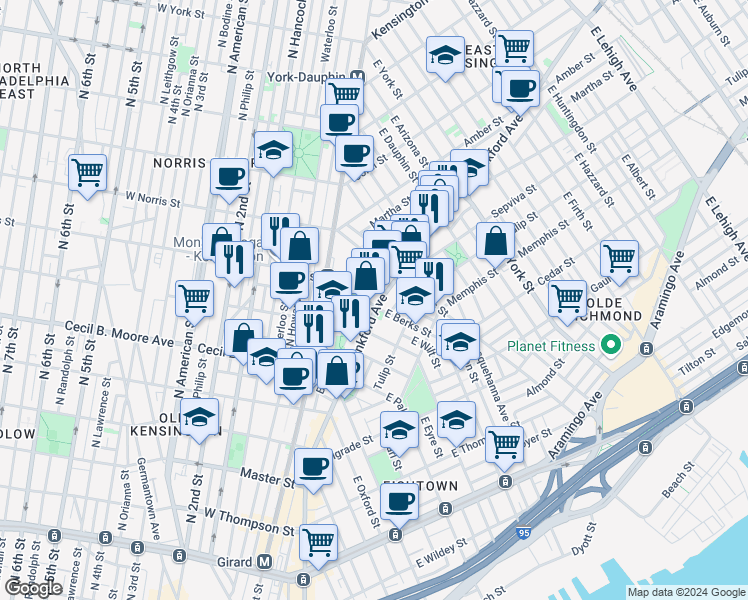 map of restaurants, bars, coffee shops, grocery stores, and more near 1830 Frankford Avenue in Philadelphia