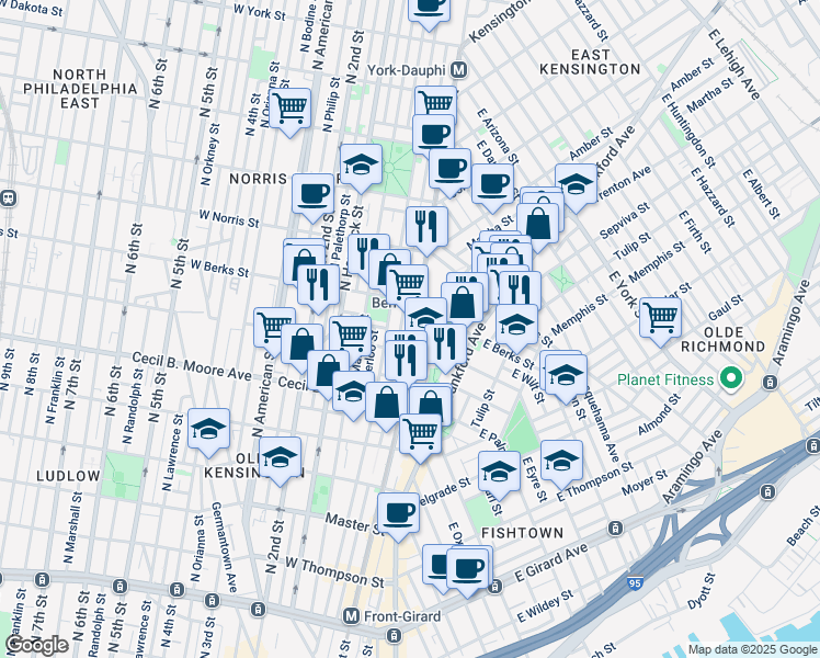 map of restaurants, bars, coffee shops, grocery stores, and more near 1822 North Front Street in Philadelphia