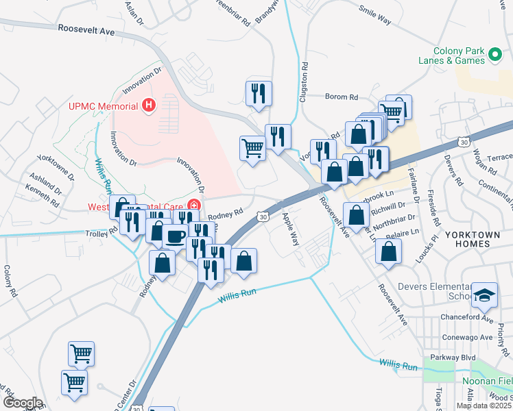 map of restaurants, bars, coffee shops, grocery stores, and more near 1500 Rodney Road in Shiloh
