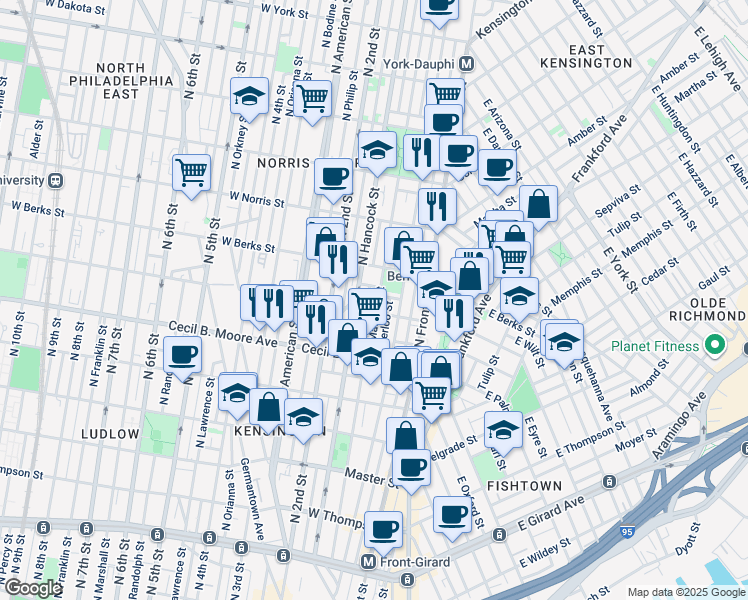 map of restaurants, bars, coffee shops, grocery stores, and more near 1821 North Hancock Street in Philadelphia