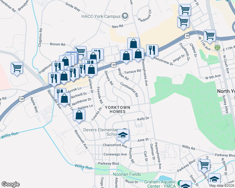 map of restaurants, bars, coffee shops, grocery stores, and more near 1309 Livingstone Road in York