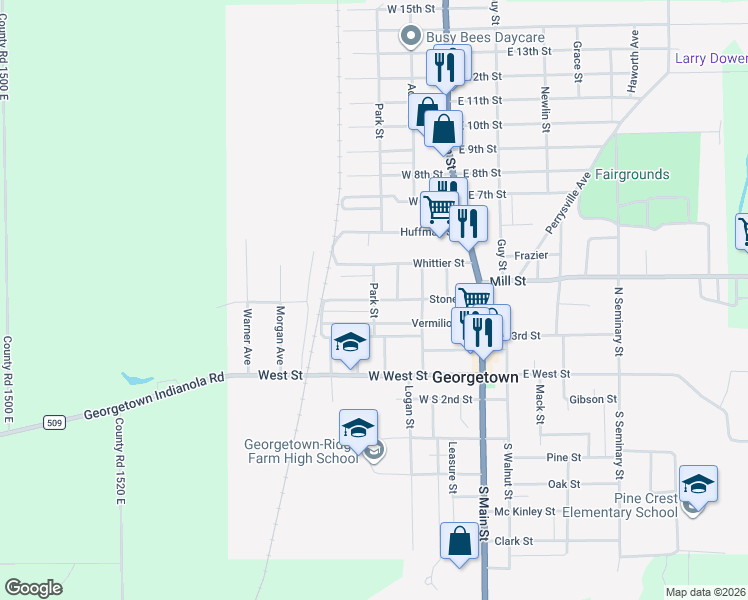 map of restaurants, bars, coffee shops, grocery stores, and more near 401 Stone Street in Georgetown