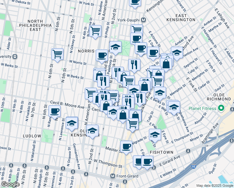 map of restaurants, bars, coffee shops, grocery stores, and more near 1821 North Mascher Street in Philadelphia
