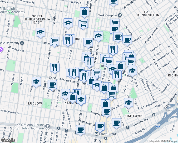 map of restaurants, bars, coffee shops, grocery stores, and more near 1801 North 2nd Street in Philadelphia