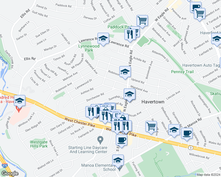 map of restaurants, bars, coffee shops, grocery stores, and more near 1400 Dorchester Road in Havertown