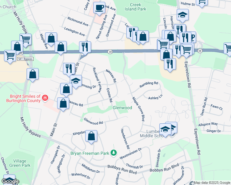 map of restaurants, bars, coffee shops, grocery stores, and more near 34 Nassau Road in Lumberton