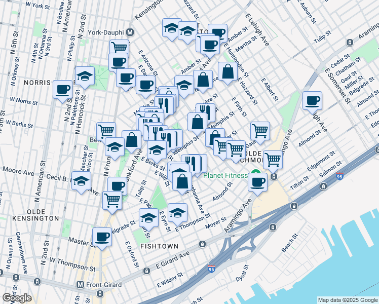 map of restaurants, bars, coffee shops, grocery stores, and more near 2337 East Fletcher Street in Philadelphia