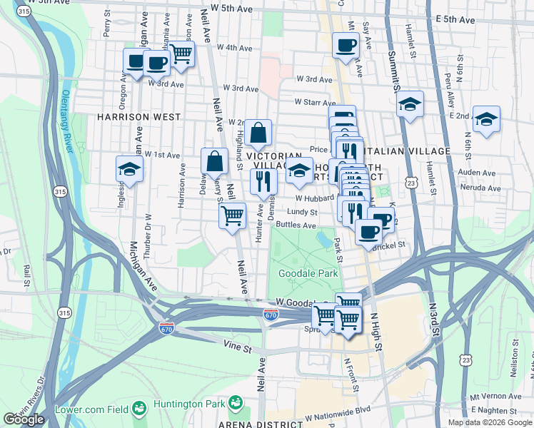 map of restaurants, bars, coffee shops, grocery stores, and more near 789 Dennison Avenue in Columbus