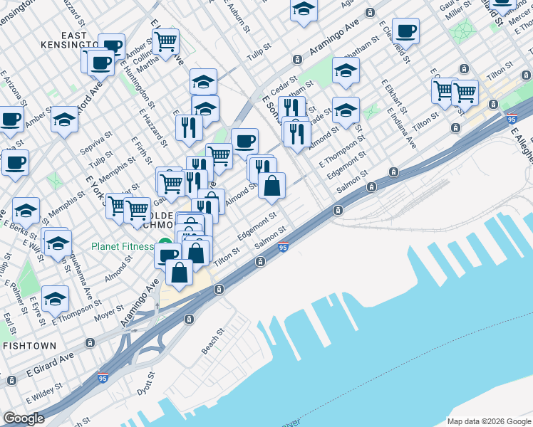 map of restaurants, bars, coffee shops, grocery stores, and more near 2653 East Thompson Street in Philadelphia