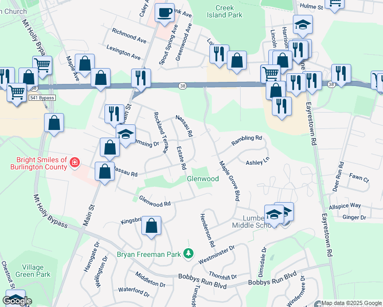 map of restaurants, bars, coffee shops, grocery stores, and more near 34 Nassau Road in Lumberton