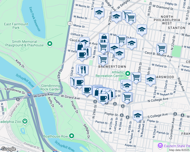 map of restaurants, bars, coffee shops, grocery stores, and more near in Philadelphia
