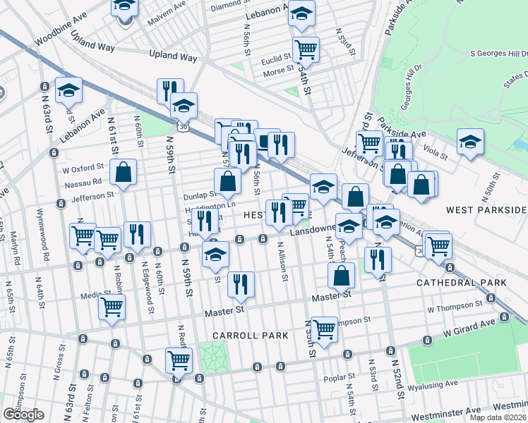map of restaurants, bars, coffee shops, grocery stores, and more near 1659 North 56th Street in Philadelphia