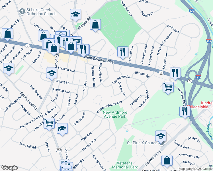 map of restaurants, bars, coffee shops, grocery stores, and more near 2245 Cambridge Road in Broomall