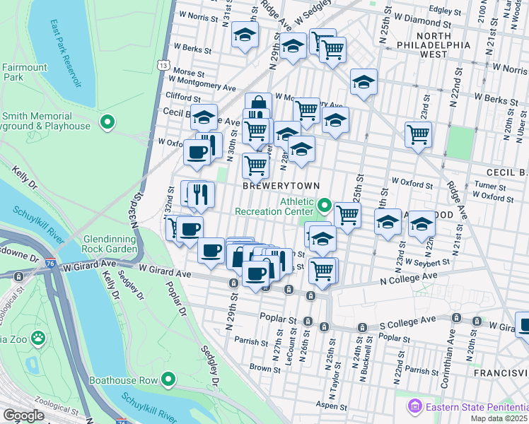 map of restaurants, bars, coffee shops, grocery stores, and more near 1416 North Newkirk Street in Philadelphia