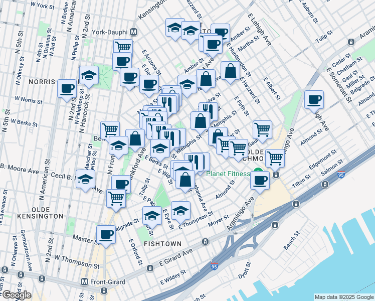 map of restaurants, bars, coffee shops, grocery stores, and more near 2330 East Fletcher Street in Philadelphia