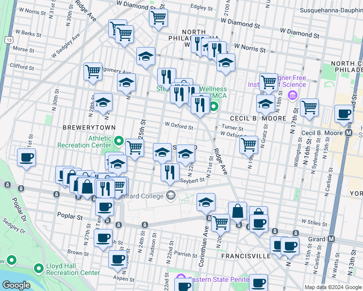 map of restaurants, bars, coffee shops, grocery stores, and more near 2412 Redner Street in Philadelphia