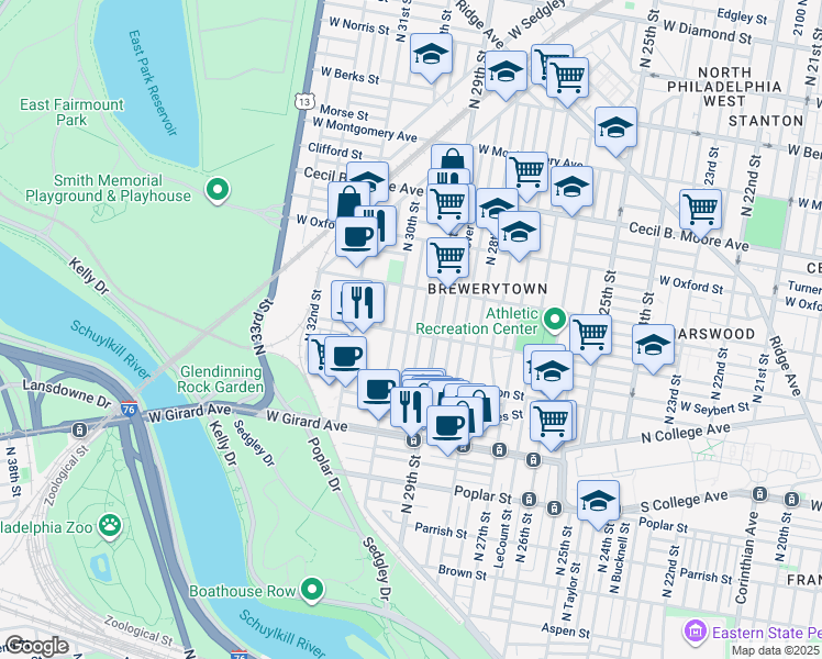 map of restaurants, bars, coffee shops, grocery stores, and more near 2927 Master Street in Philadelphia