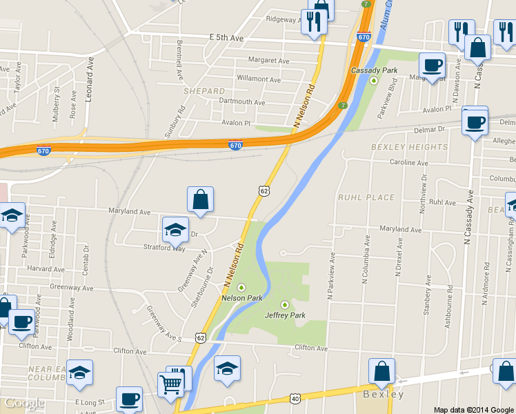 map of restaurants, bars, coffee shops, grocery stores, and more near 460 North Nelson Road in Columbus