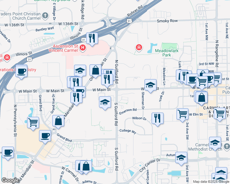 map of restaurants, bars, coffee shops, grocery stores, and more near 833 West Main Street in Carmel