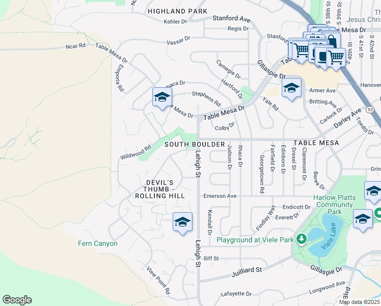 map of restaurants, bars, coffee shops, grocery stores, and more near 1120 Green Circle in Boulder