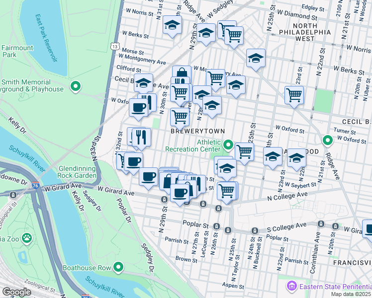 map of restaurants, bars, coffee shops, grocery stores, and more near 1416 North Newkirk Street in Philadelphia