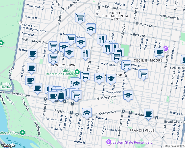 map of restaurants, bars, coffee shops, grocery stores, and more near 2425 Stewart Street in Philadelphia