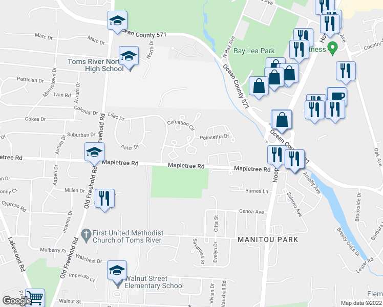 map of restaurants, bars, coffee shops, grocery stores, and more near 244 Marigold Court in Toms River