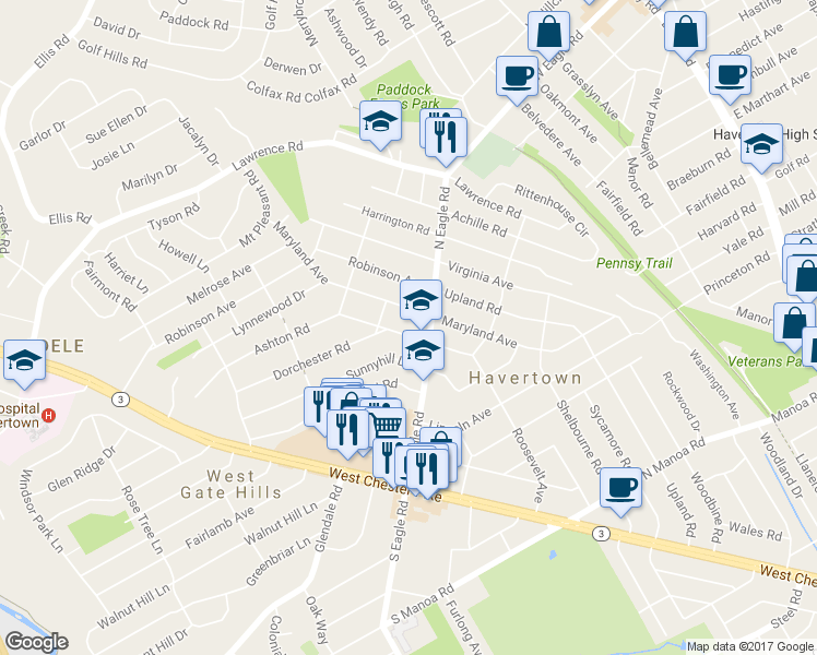 map of restaurants, bars, coffee shops, grocery stores, and more near 1309 Annabella Avenue in Havertown