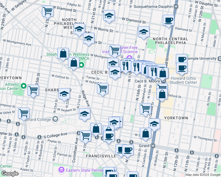 map of restaurants, bars, coffee shops, grocery stores, and more near 1536 North Gratz Street in Philadelphia