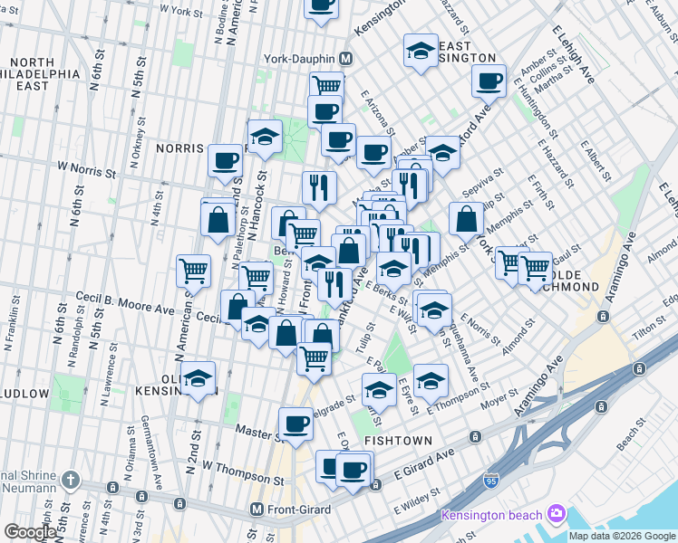 map of restaurants, bars, coffee shops, grocery stores, and more near 1800 Blair Street in Philadelphia