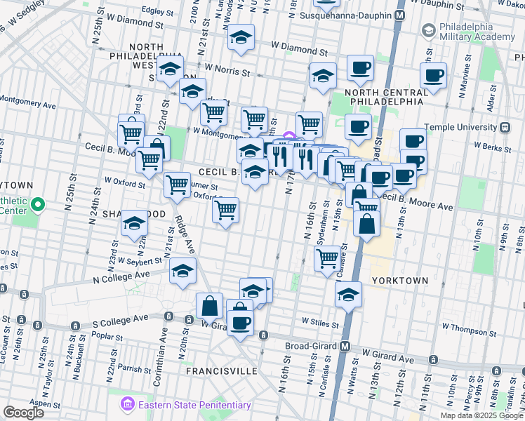 map of restaurants, bars, coffee shops, grocery stores, and more near 1540 North 18th Street in Philadelphia
