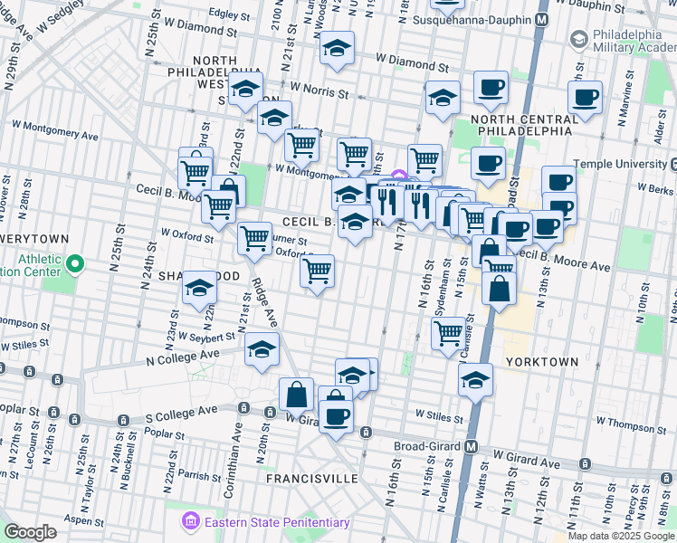 map of restaurants, bars, coffee shops, grocery stores, and more near 1536 North Gratz Street in Philadelphia