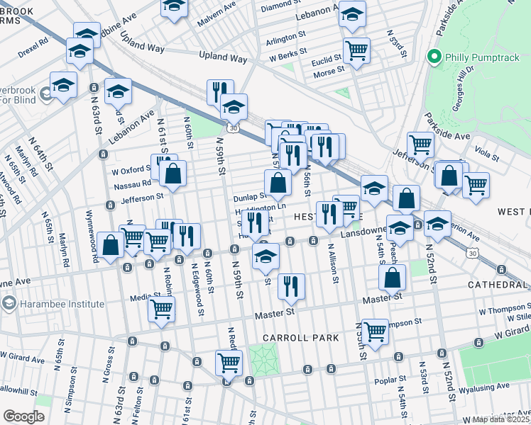 map of restaurants, bars, coffee shops, grocery stores, and more near 5782 Haddington Lane in Philadelphia