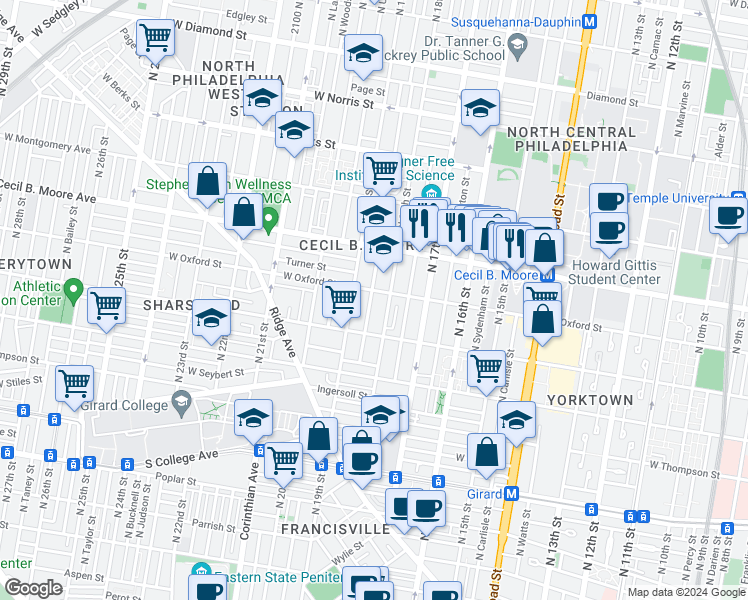 map of restaurants, bars, coffee shops, grocery stores, and more near 1539 North Gratz Street in Philadelphia