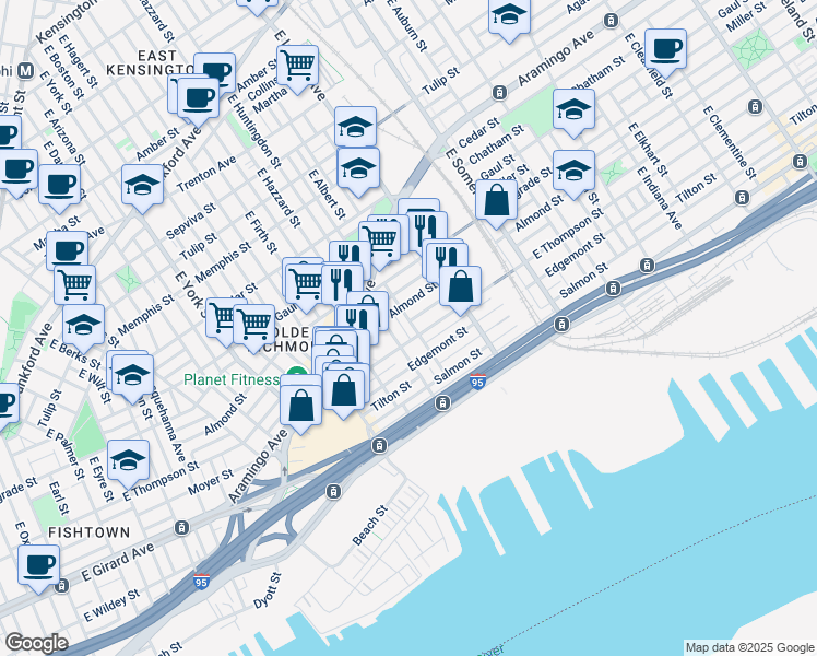 map of restaurants, bars, coffee shops, grocery stores, and more near 2622 East Albert Street in Philadelphia