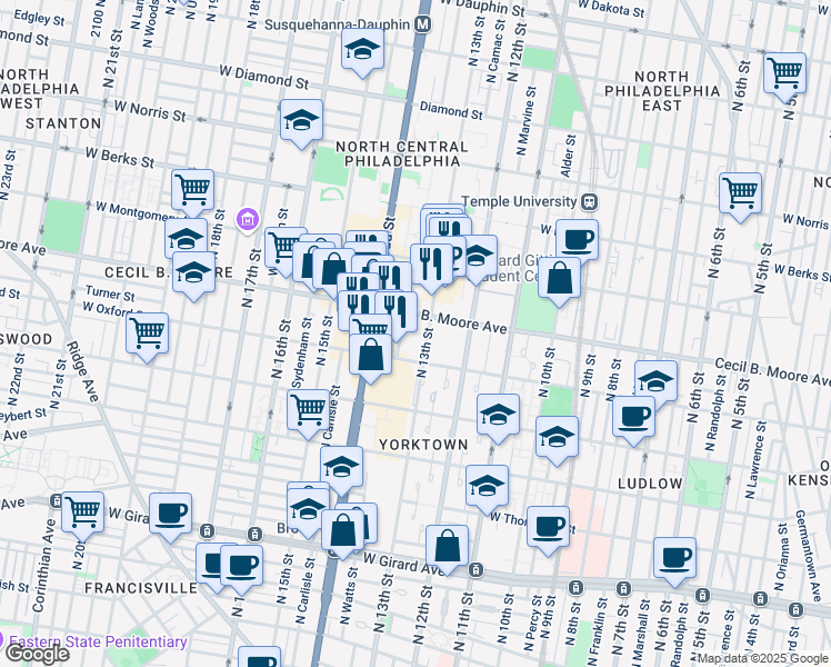 map of restaurants, bars, coffee shops, grocery stores, and more near 1300 Cecil B. Moore Avenue in Philadelphia