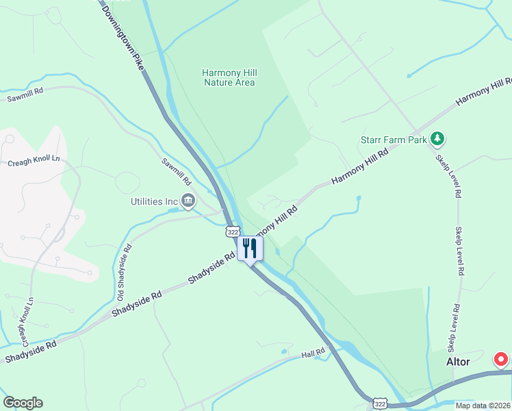 map of restaurants, bars, coffee shops, grocery stores, and more near 1179 Harmony Hill Road in Downingtown