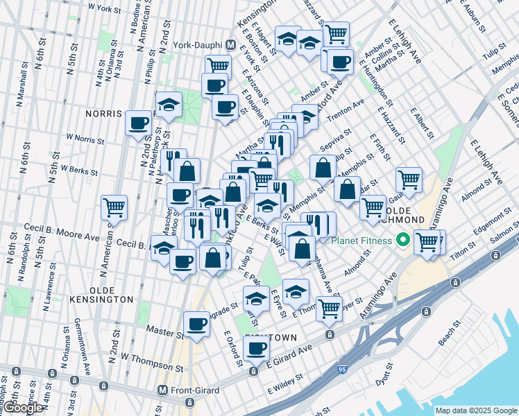 map of restaurants, bars, coffee shops, grocery stores, and more near 1853 Sepviva Street in Philadelphia