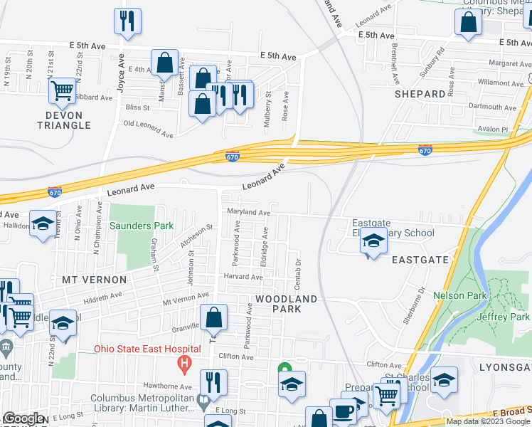 map of restaurants, bars, coffee shops, grocery stores, and more near Maryland Ave & Eldridge Ave in Columbus