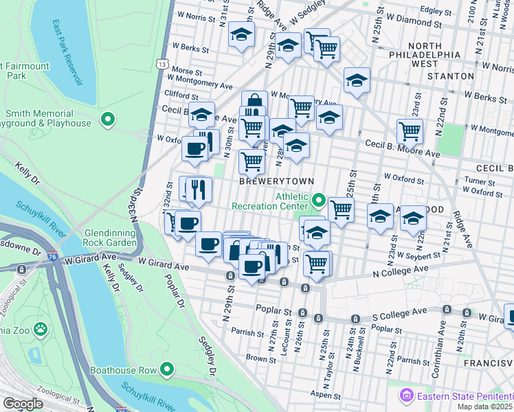 map of restaurants, bars, coffee shops, grocery stores, and more near 1417 North Dover Street in Philadelphia