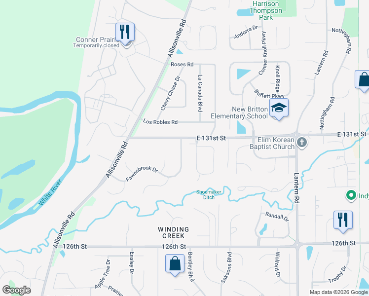 map of restaurants, bars, coffee shops, grocery stores, and more near 13077 Fawnsbrook Drive in Fishers