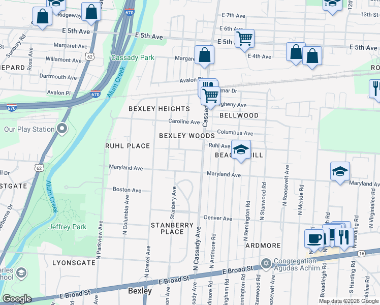 map of restaurants, bars, coffee shops, grocery stores, and more near 374 Stanbery Avenue in Columbus