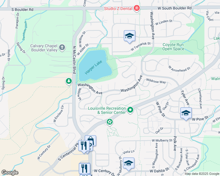 map of restaurants, bars, coffee shops, grocery stores, and more near 802 Flatirons Court in Louisville