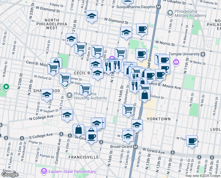 map of restaurants, bars, coffee shops, grocery stores, and more near N 17th St & W Oxford St in Philadelphia