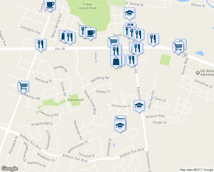 map of restaurants, bars, coffee shops, grocery stores, and more near 142 Rambling Road in Lumberton