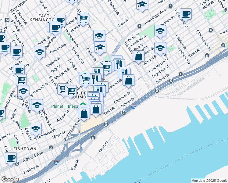 map of restaurants, bars, coffee shops, grocery stores, and more near 2622 East Albert Street in Philadelphia