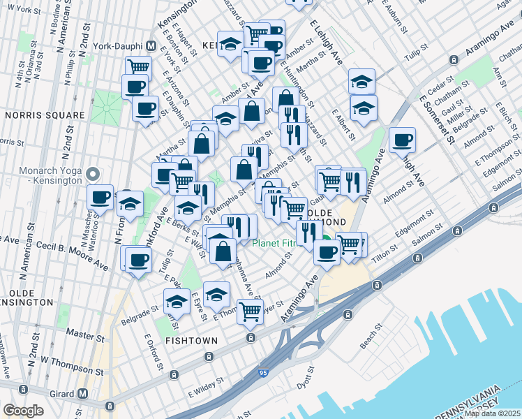 map of restaurants, bars, coffee shops, grocery stores, and more near 2405 East York Street in Philadelphia