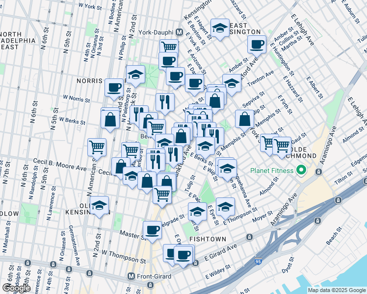 map of restaurants, bars, coffee shops, grocery stores, and more near 1800-56 Blair Street in Philadelphia