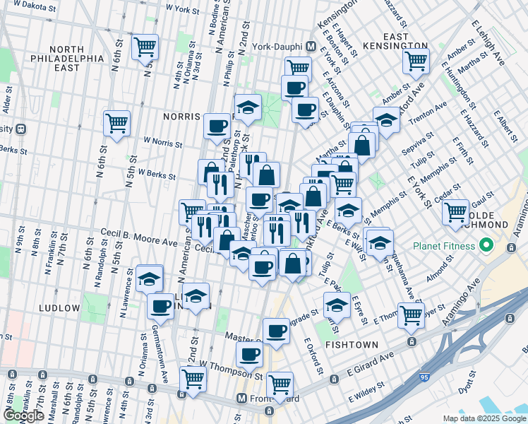 map of restaurants, bars, coffee shops, grocery stores, and more near 131 West Wilt Street in Philadelphia